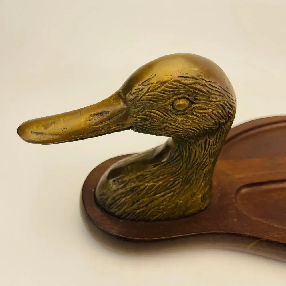 Vintage Brass Duck Head W/ Wood Dresser Valet Vanity Coin Tray